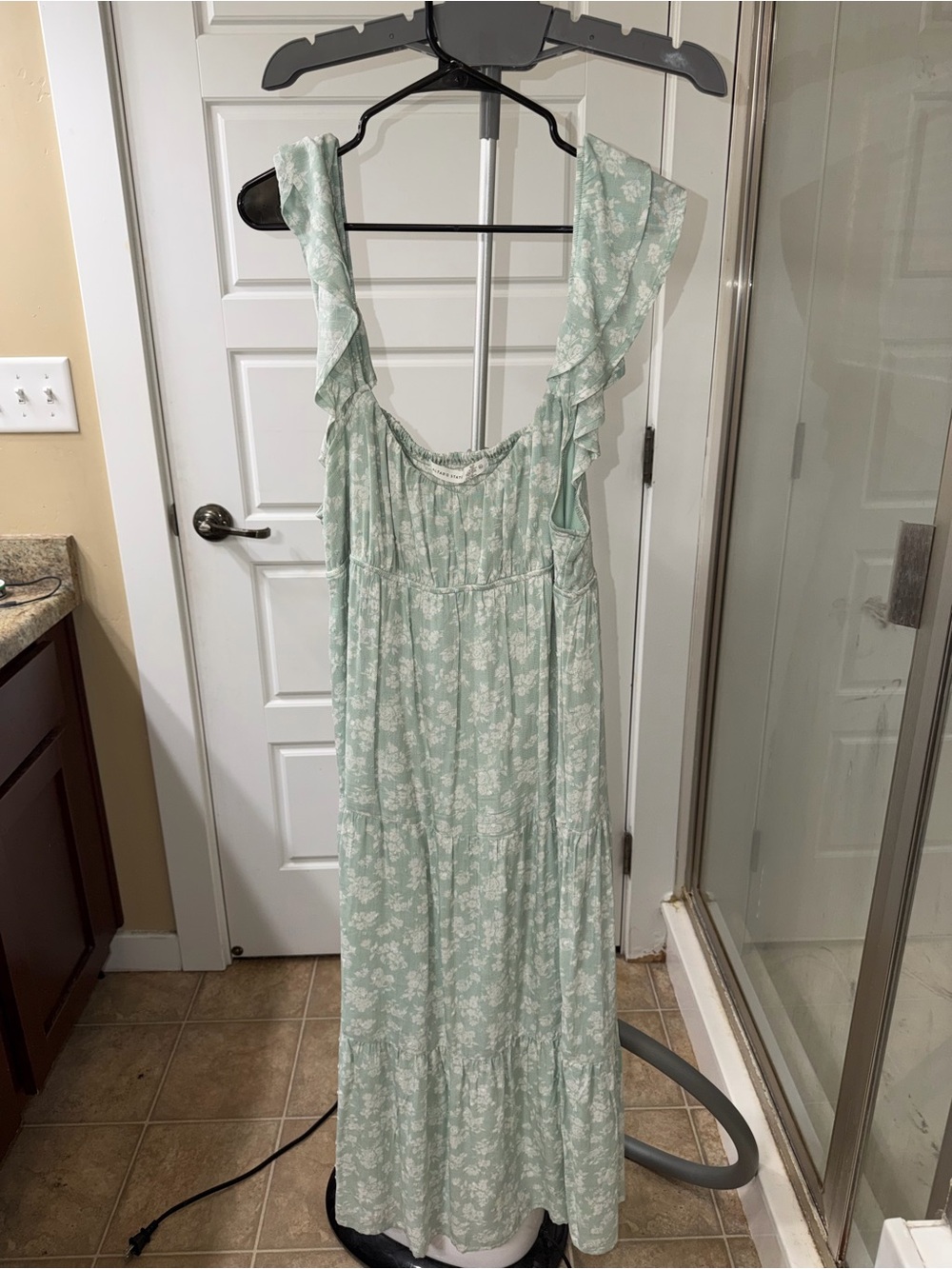 Altar'd State Mint Floral Ruffle-Shoulder Maxi Dress